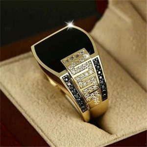 Gold Wide Faced Black Diamond Men'S Rings