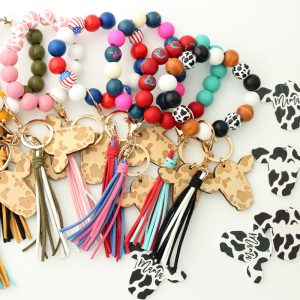 Western Cowboy Bracelet Keychain Wood Bead Tassel Pendant