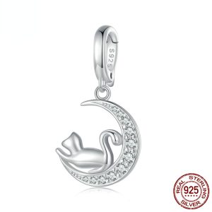 S925 Sterling Silver Zircon Moon Cat DIY Bracelet Necklace Accessories