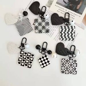 Cartoon Acrylic Plaid Striped Heart Leather Keychain