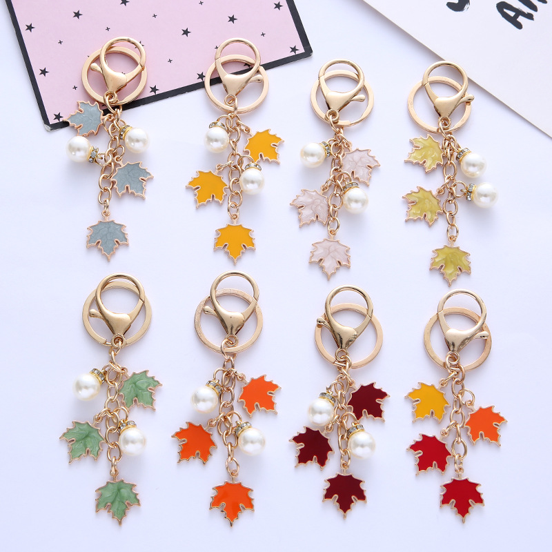 Alloy Maple Leaf Pearl Keychain