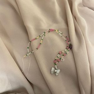 Bowknot Pendant Pink Flower Beaded Necklace