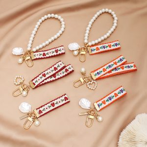 Fabric Strawberry Lace Ribbon Pearl Keychain