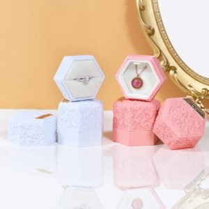 Hexagonal Embossed Rings Ear Studs Necklace Jewellery Box
