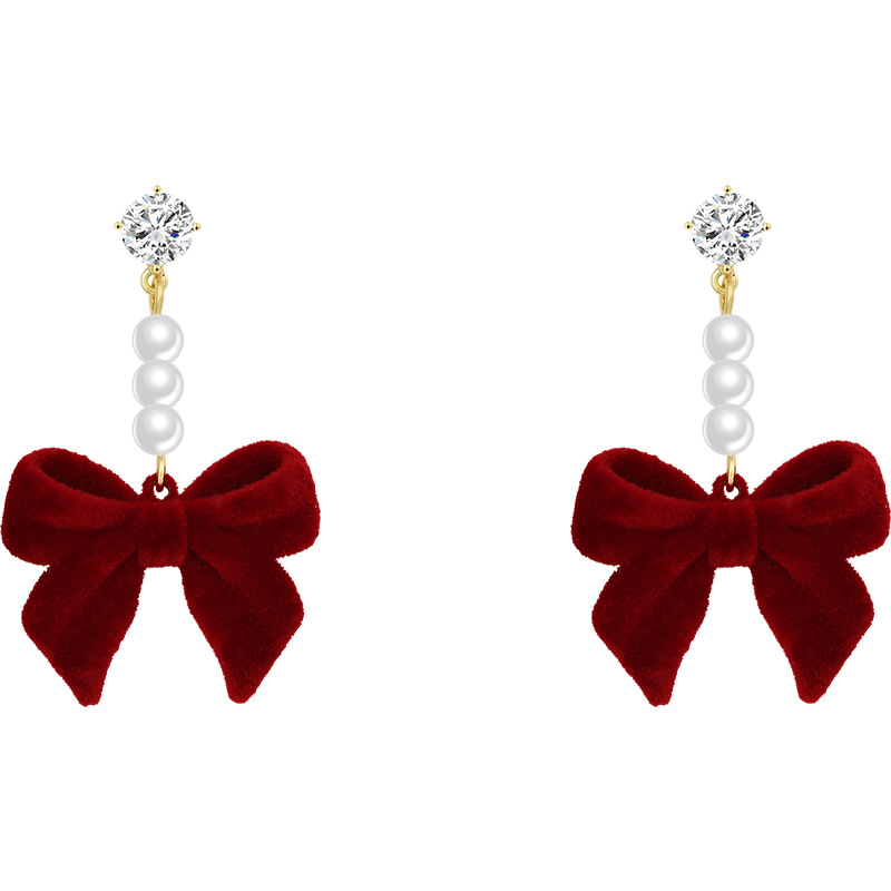 Christmas Red Velvet Pearl Bow Earrings