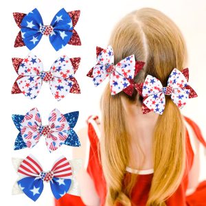 1pc 10*7cm Independence Day Glitter Powder Covered Binary Bowknot Hair Clips