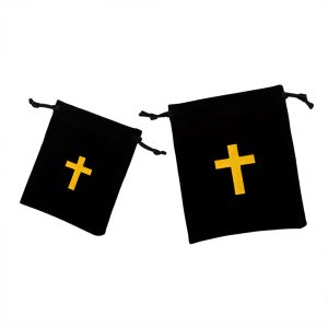 10pcs 10/12cm Black Gold Cross Pattern Rosary Drawstring Velvet Pouches