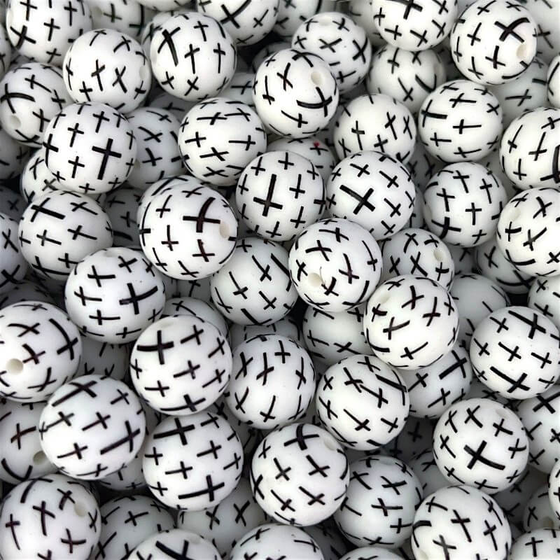 50Pcs 15mm Black Cross Print Round Silicone Beads 3 50Pcs 15mm Black Cross Print Round Silicone Beads