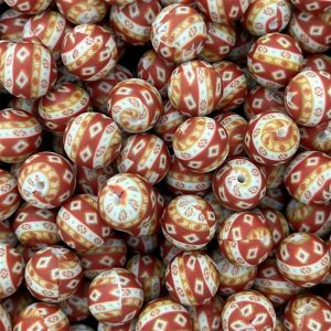 50Pcs 15mm Brown Diamond Pattern Print Round Silicone Beads