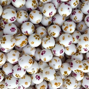 50Pcs 15mm Golden Rose Dog Claw Print Round Silicone Beads