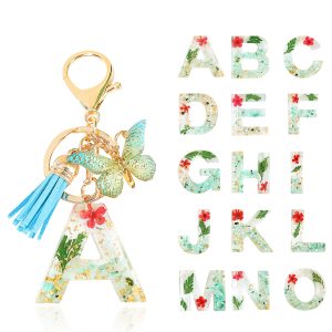 1pc 4cm Green Dried Flower Resin Initial Letter Keychains