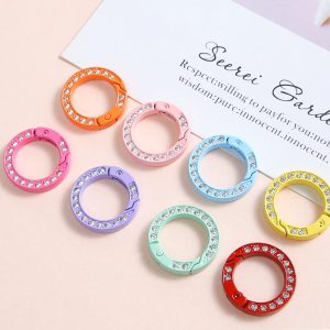 2pcs 25mm Rhinestone Inlaid Metal Circle Trigger Spring Keyrings