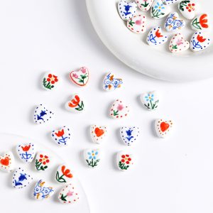 5pcs 15mm Fresh Floral Heart Ceramic Beads