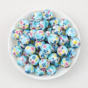 50Pcs 15mm Light Color Floral Print Round Silicone Beads 2