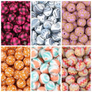 50Pcs 15mm Colorful Floral Design Dark Pattern Printed Silicone Beads