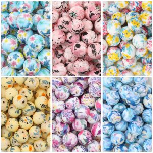 50Pcs 15mm Light Color Floral Print Round Silicone Beads