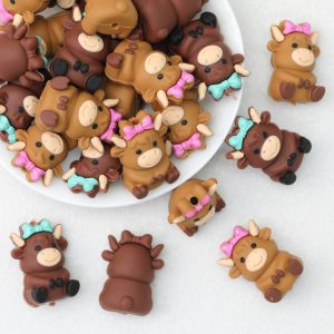 20Pcs 3D Cow Silicone Focal Beads with Pink and Blue Bows