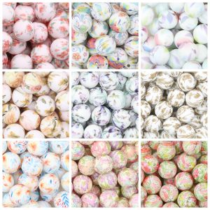 50Pcs 15mm Colorful Round Decorative Floral Pattern Silicone Beads